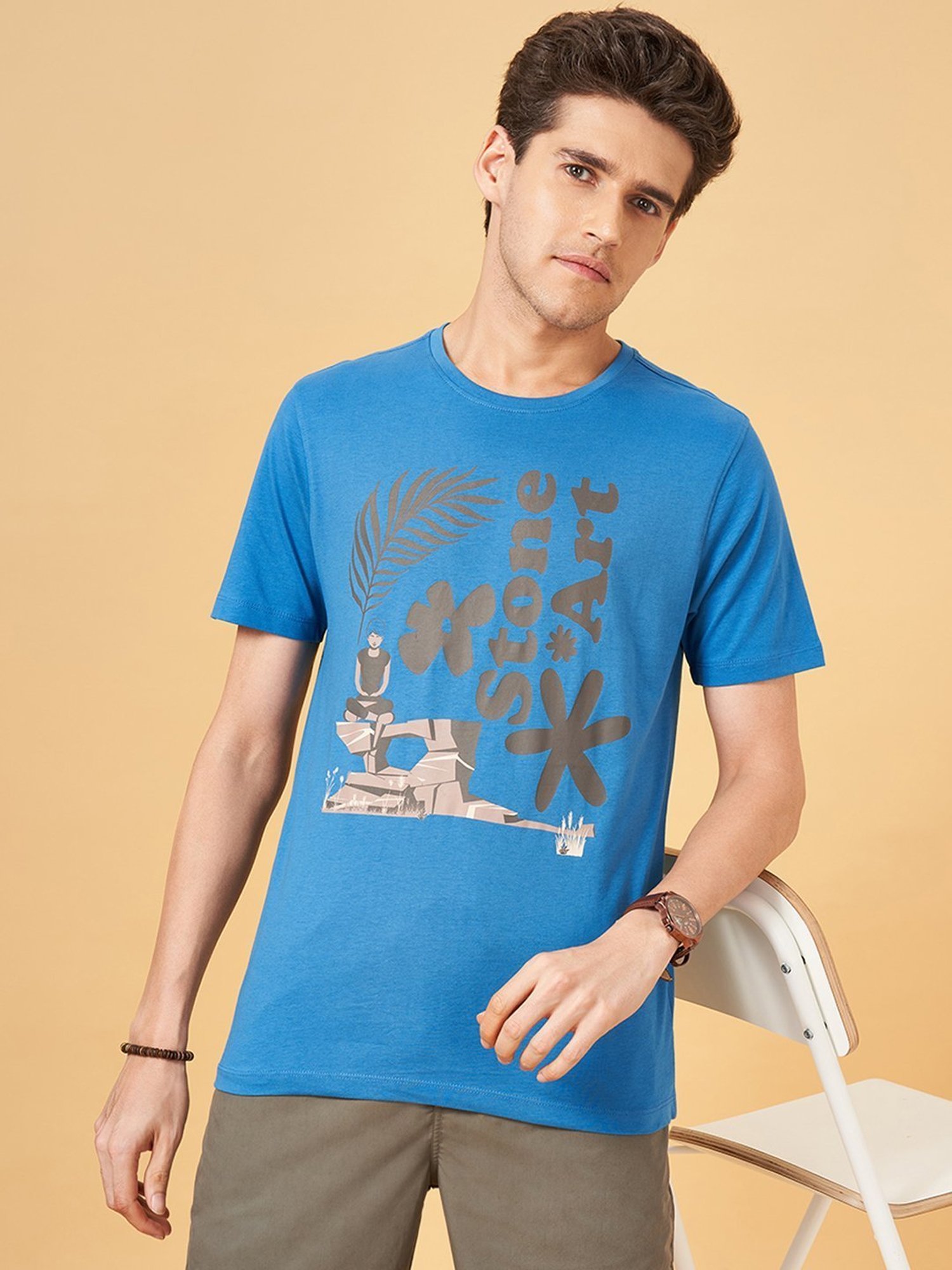 Urban Ranger by Pantaloons Federal Blue Cotton Regular Fit Printed T-Shirt