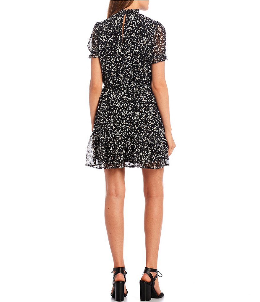 Midnight Doll Mock Neck Short Sleeve Floral Lurex Dress