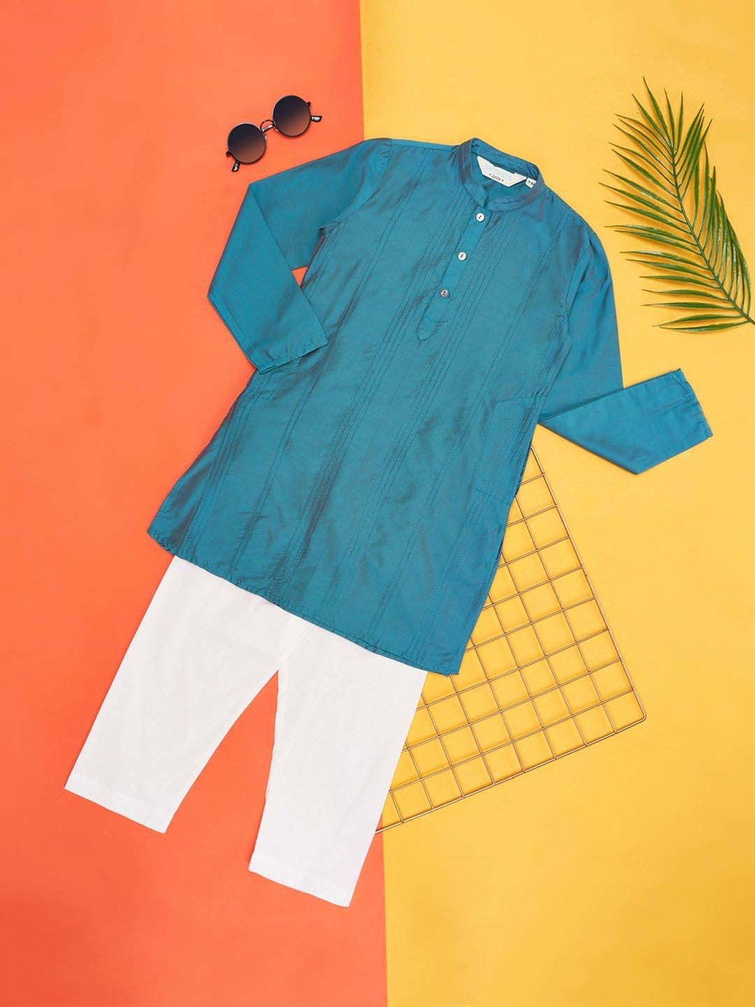 VASTRAMAY Boys Yellow & White Cotton Printed Full Sleeves Kurta Sets