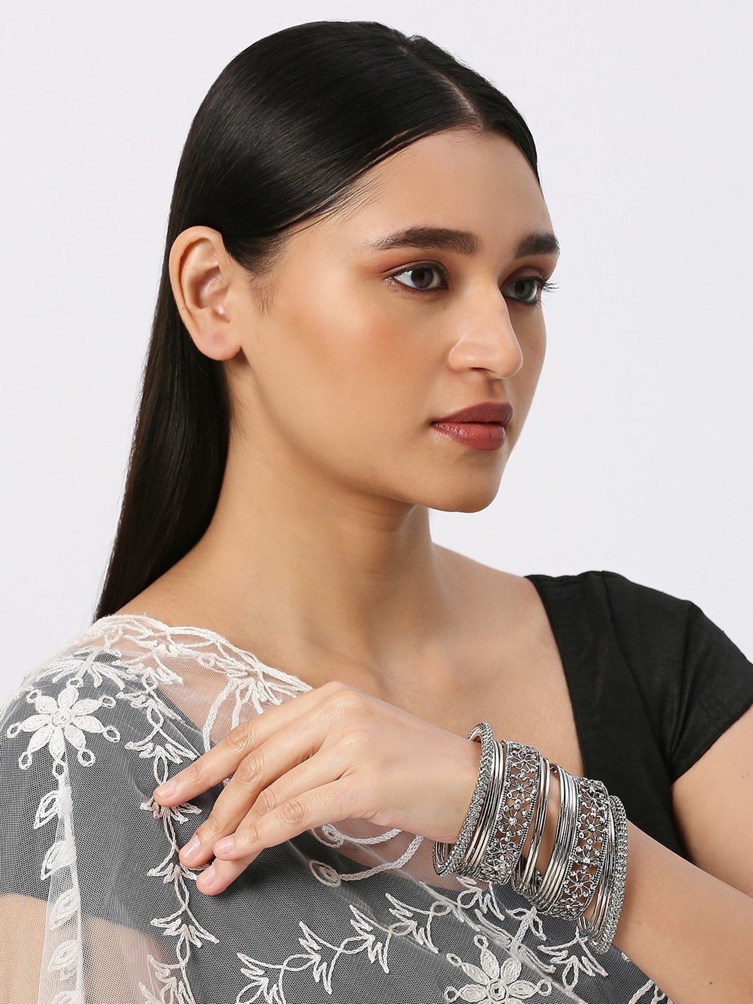 Oomph Oxidized Silver Floral Design Classic Bangles - Set of 16