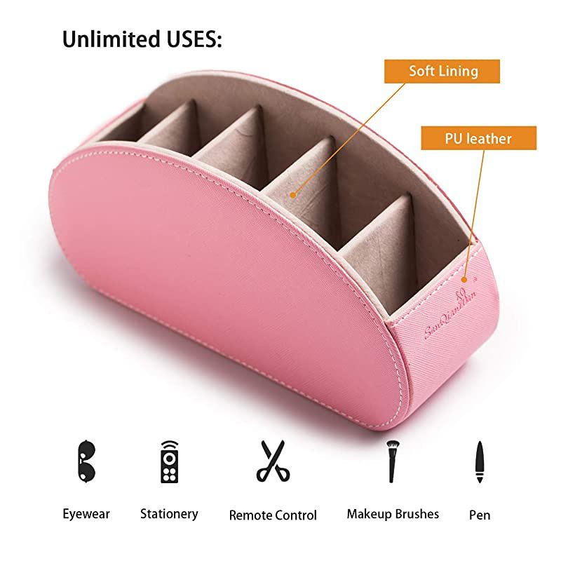 Control Holders Organizer Box, Makeup Brush Holder with Pink PU, Office Organization and Storage Caddy Store Tv Holders,Brush,Pencil,Glasses and Media Player (Pink)
