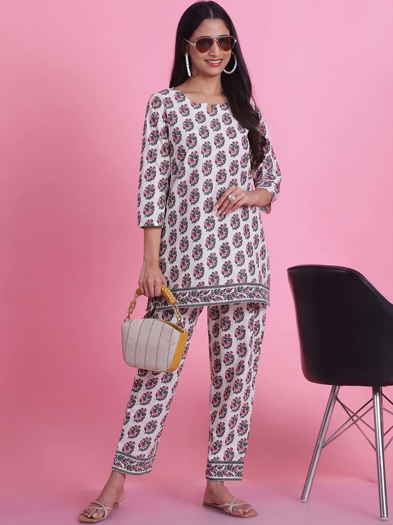 Prakrti White Cotton Floral Print Top Pant Set