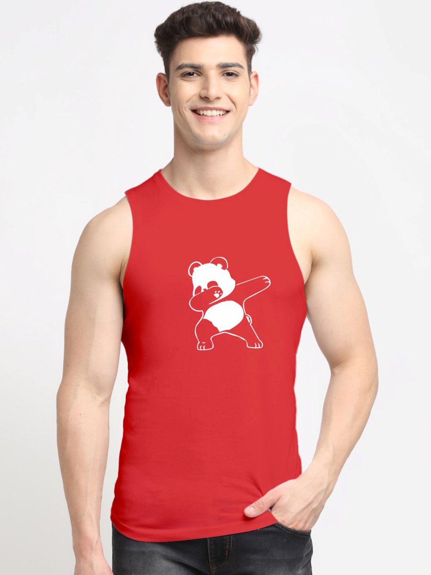 Friskers Red Cotton Slim Fit Printed Vest