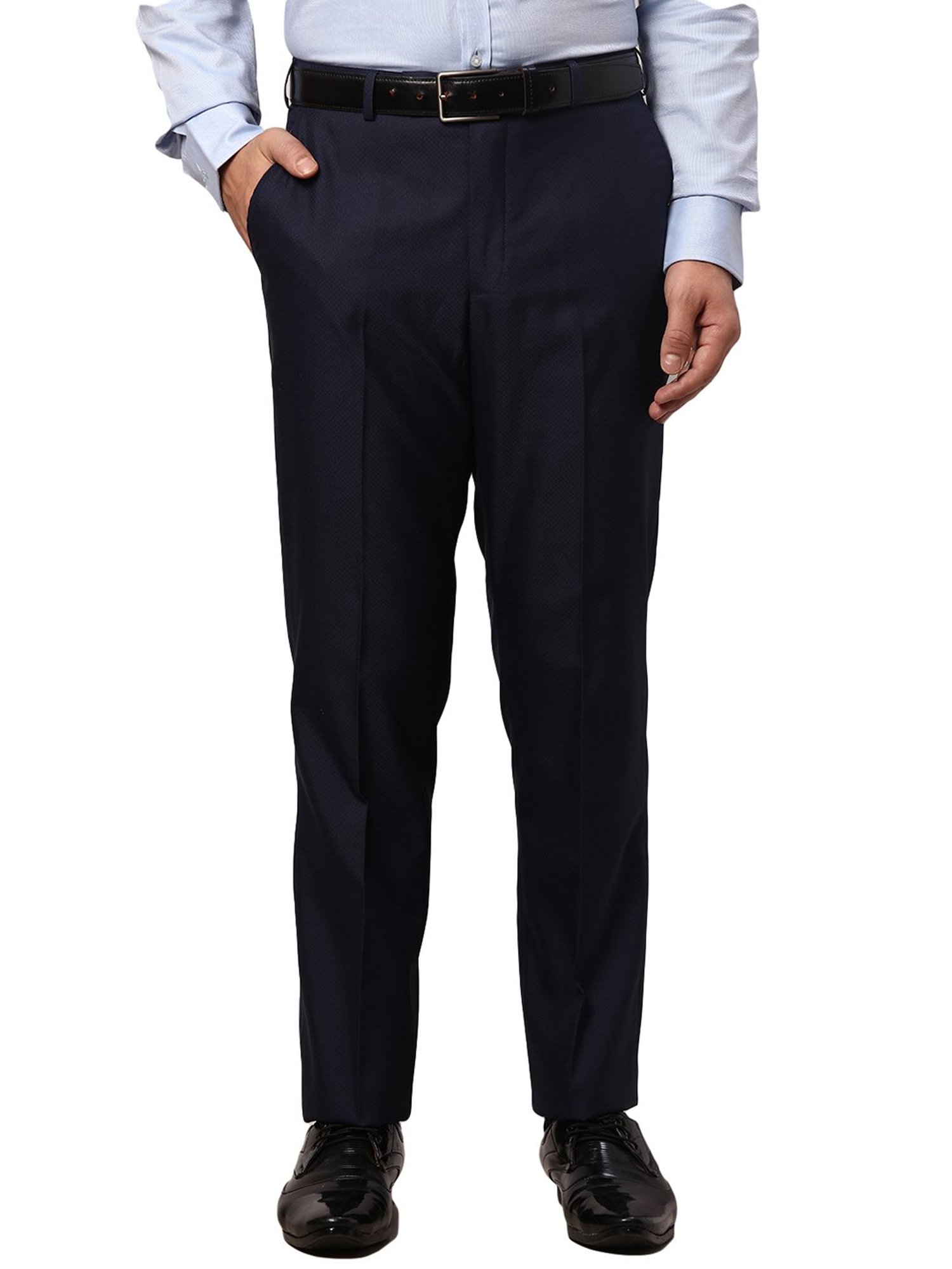 Park Avenue Navy Slim Fit Self Design Flat Front Trousers