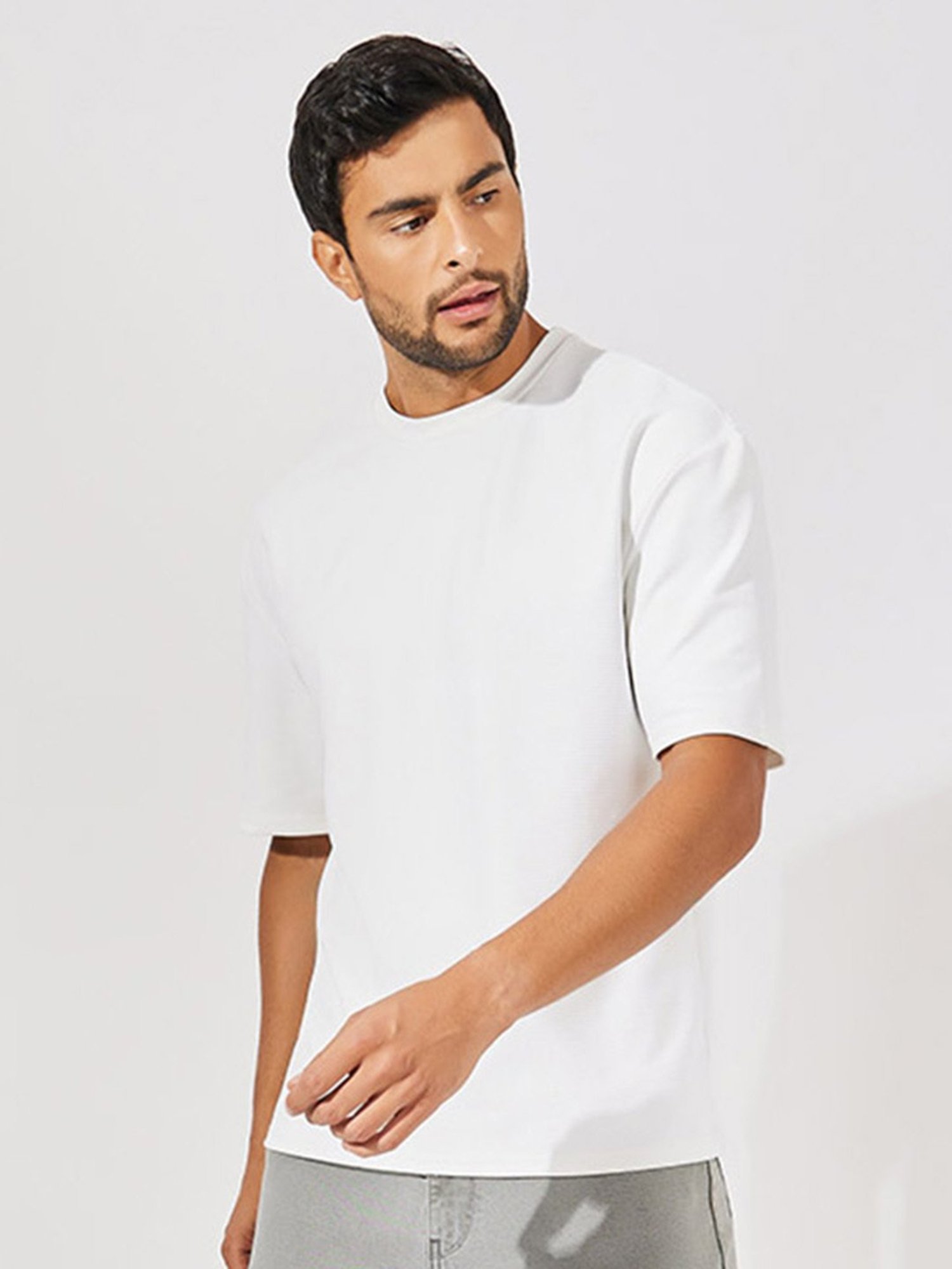 Styli White Relaxed Fit Striped Oversized Crew T-Shirt