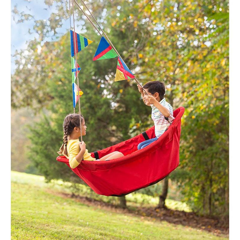 HearthSong Regatta Boat Tree Swing for Kids with Colorful Flags and Mesh Bottom, 47"L x 22"W x 13"H Holds Up To 200 lbs.