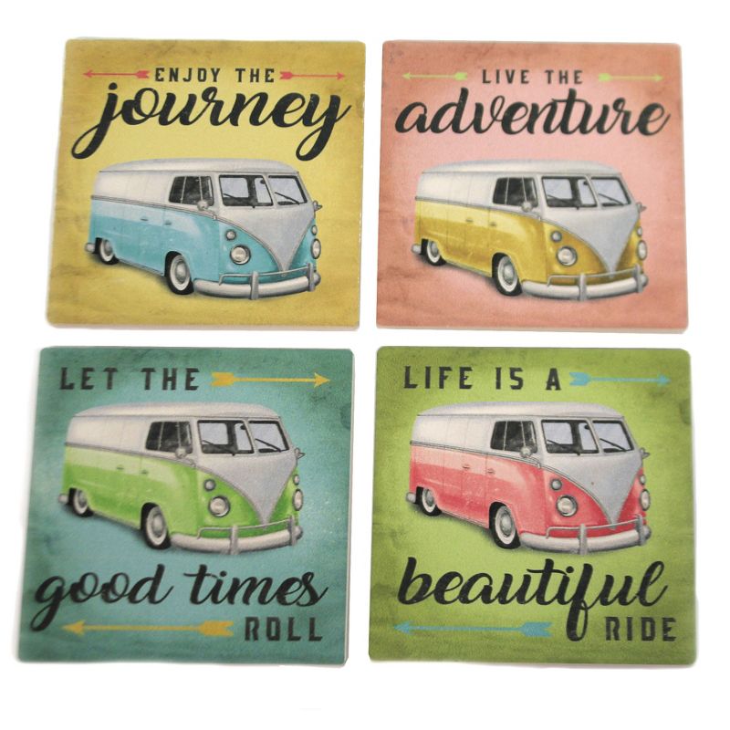 Tabletop 4.0" Colorful Van Set Coasters Adventure Ride Roll Journey Carson Home Accents  -  Coasters