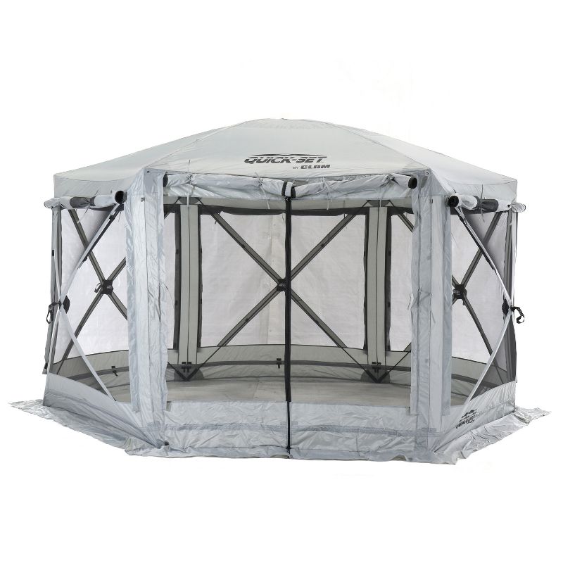 CLAM Quick-Set Pavilion 12.5 x 12.5 Foot Portable Pop-Up Outdoor Camping Gazebo Screen Tent 6 Sided Canopy Shelter w/ Ground Stakes & Carry Bag, Gray