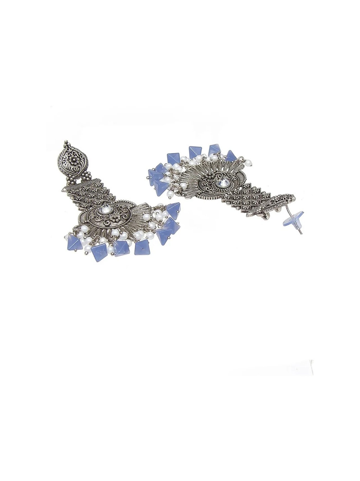 Oomph Jewellery Oxidized Silver Ethnic Silver Look Alike with Blue Beads & Pearls Dangler Earrings