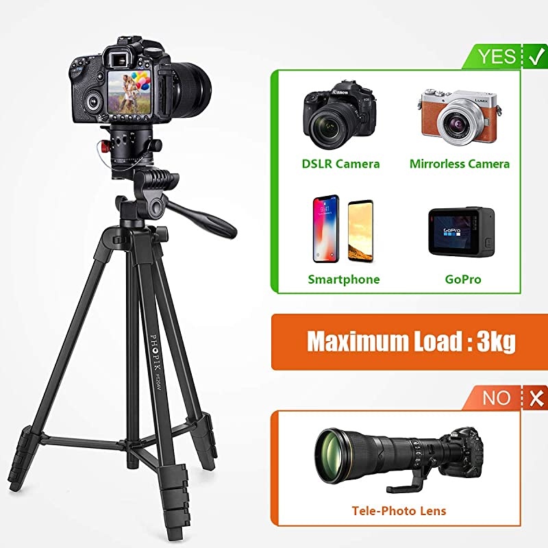 Lightweight Phone Tripod 55Inch Video Tripod with 360 Panorama and 14 Mounting Screw for MirrorlessGoproDSLR Camera Phone Holder for Smartphone Max Load 66 Lbs Carry Bag Inclued