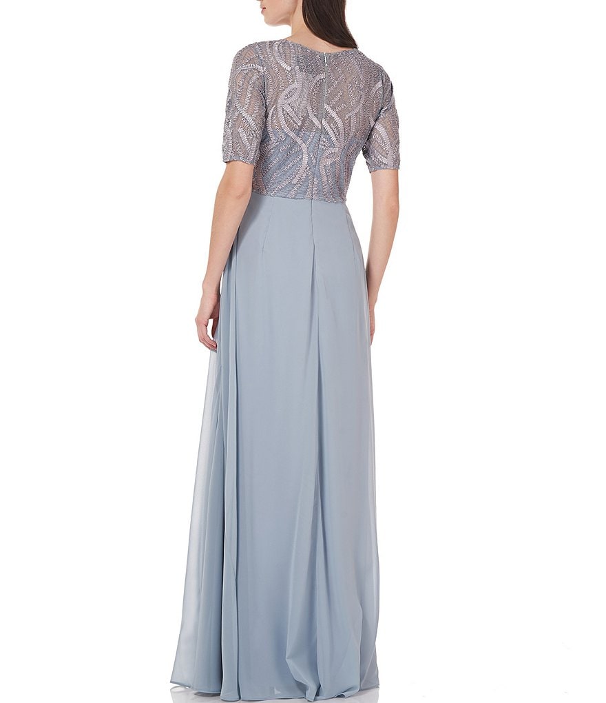 JS Collections Brigitte V-Neck Short Sleeve Sequin Bodice Chiffon Gown