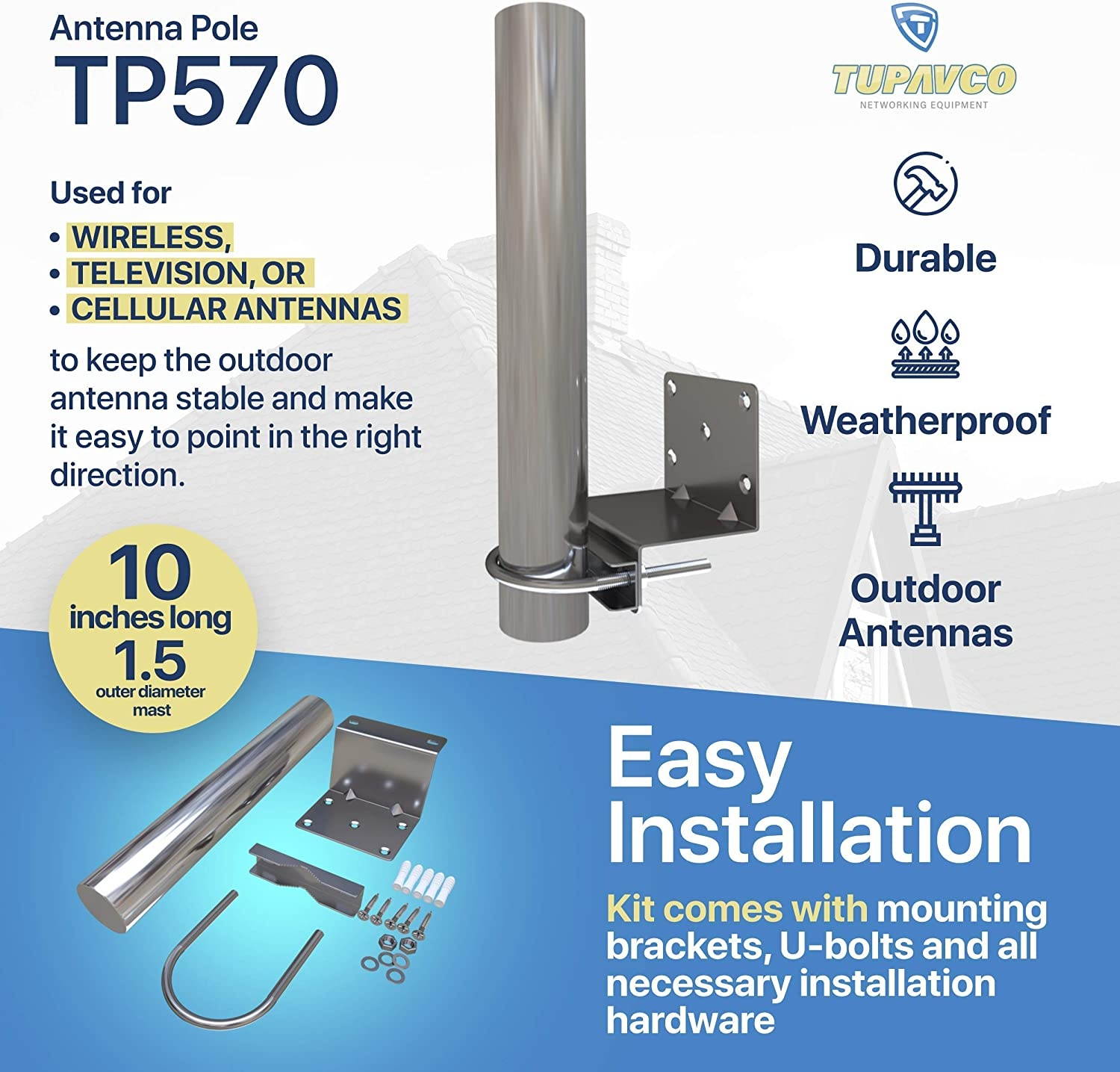 Yagi Directional Antenna 3G/4G/LTE with Pole Mount 10 inch Length - 1.5" Mast Diameter (Mounting Hardware Included) - Tupavco TP514 w/Tupavco TP570