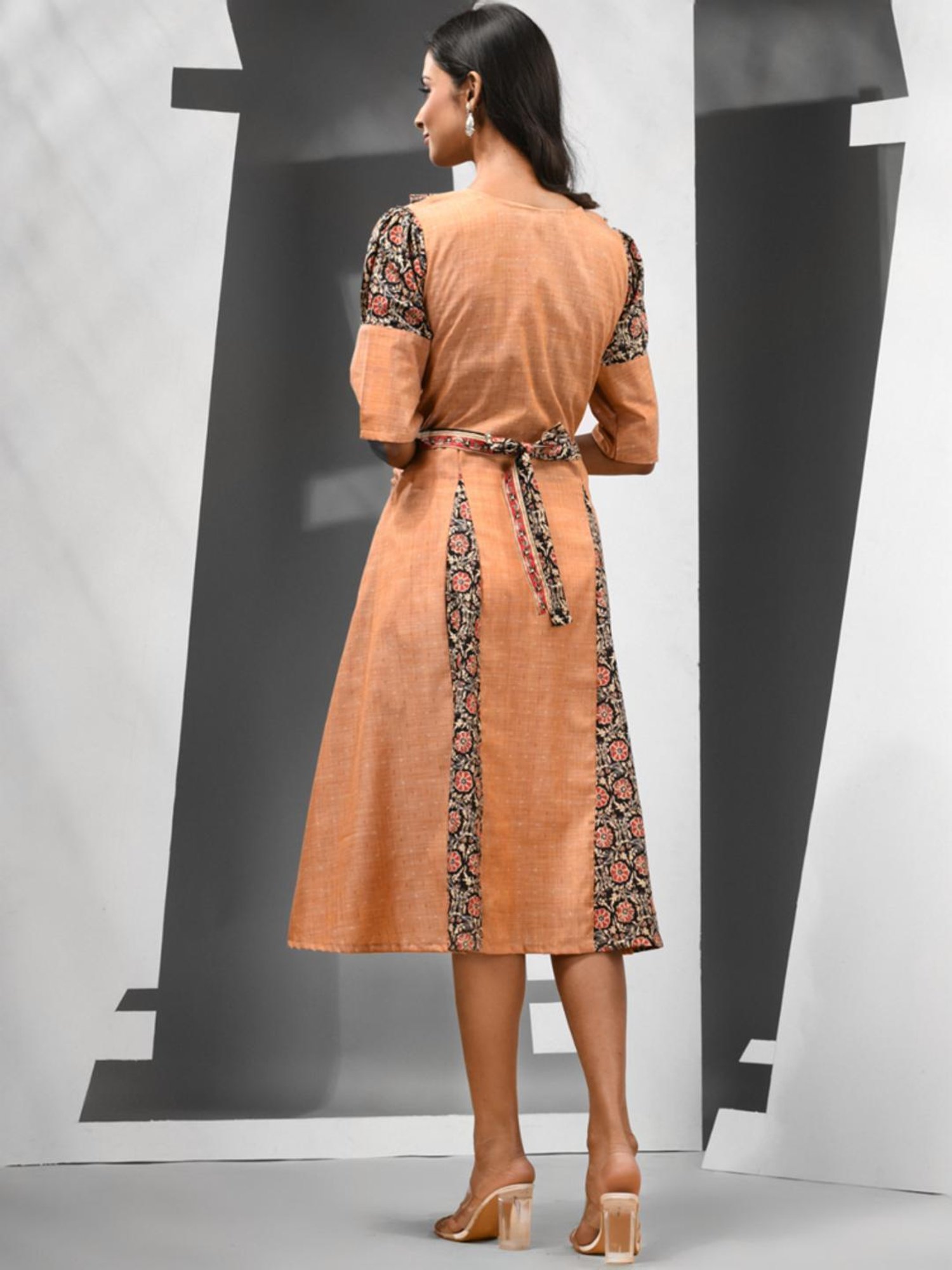 Charukriti Beige Cotton Floral Print A-Line Dress