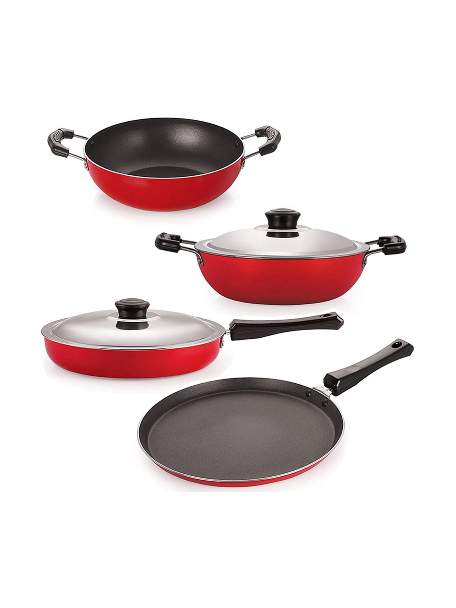 Nirlon Non-Stick Red Aluminium Non-Toxic Cookware Combo Set with Steel Lid
