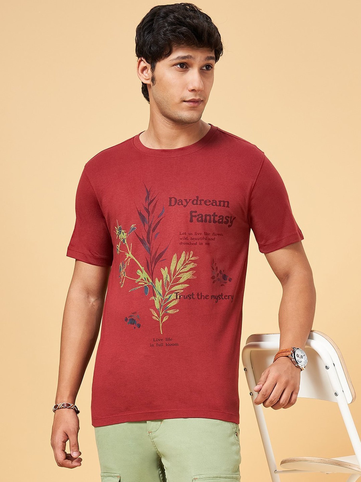 Urban Ranger by Pantaloons Rust Cotton Slim Fit Printed T-Shirt