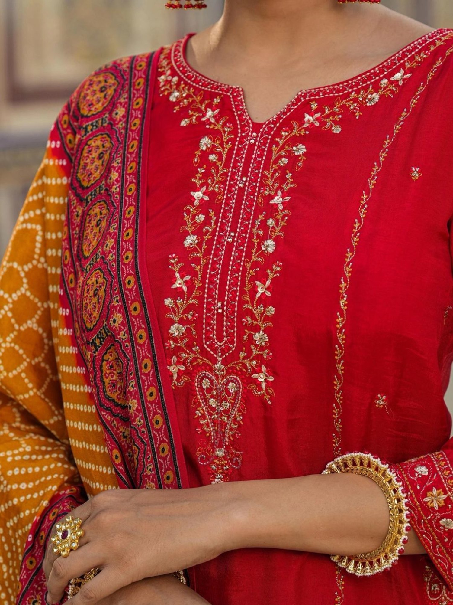 Scakhi Red Dola Silk Embroidered-Printed Suit Set Kurta With Pant And Dupatta