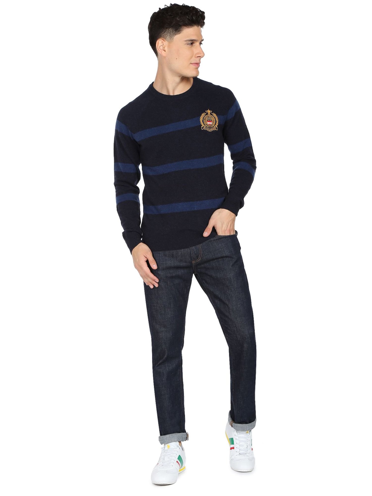 U.S. Polo Assn. Navy Blue Regular Fit Striped Sweater