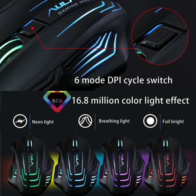 Aula Series Ghost Shark II Colourful Light 7D Optical Competitive USB Wired Game Mouse, Maximum Resolution of 4000 DPI