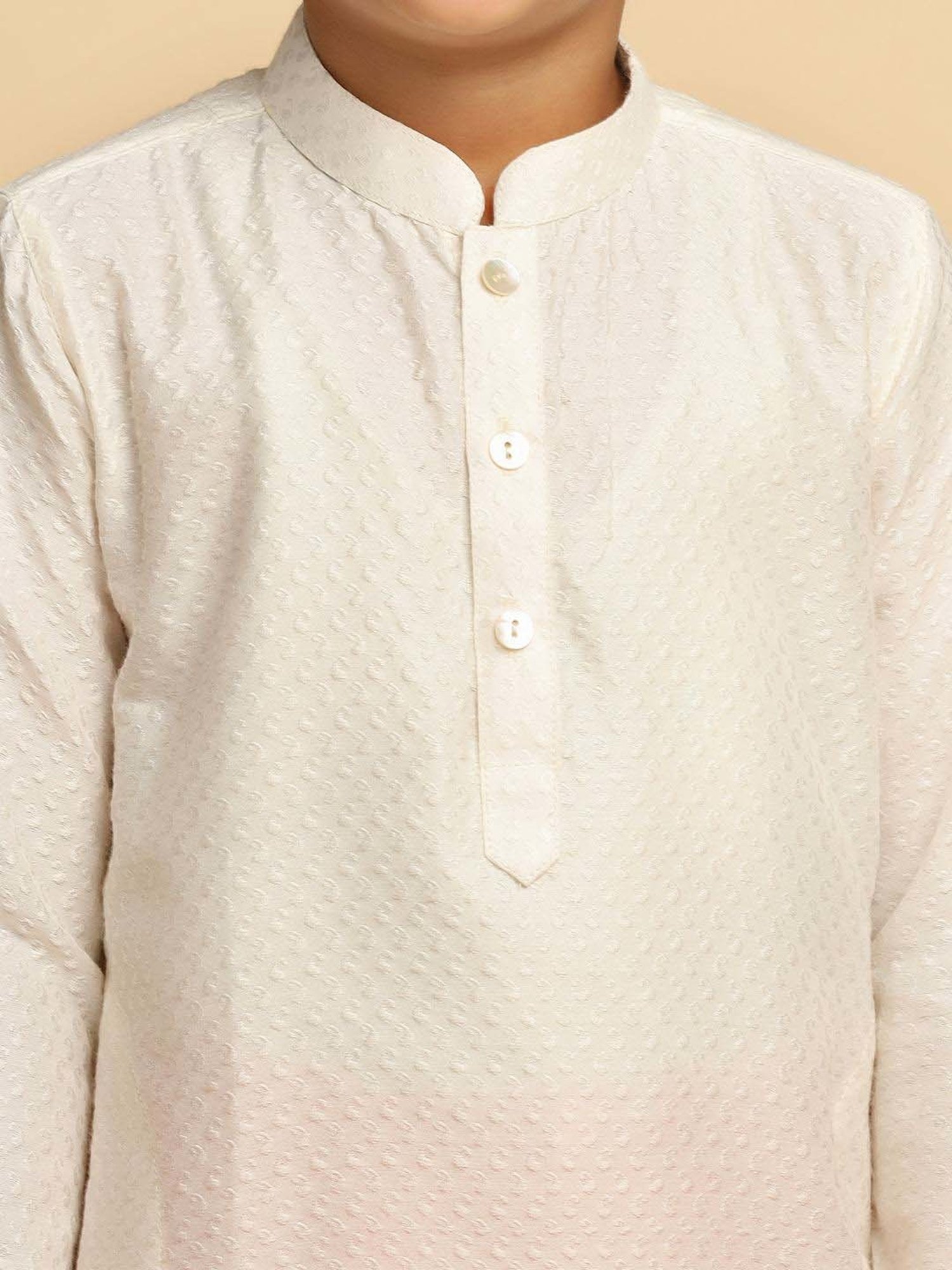 KISAH Kids White & Baby Pink Self Pattern Full Sleeves Kurta Set