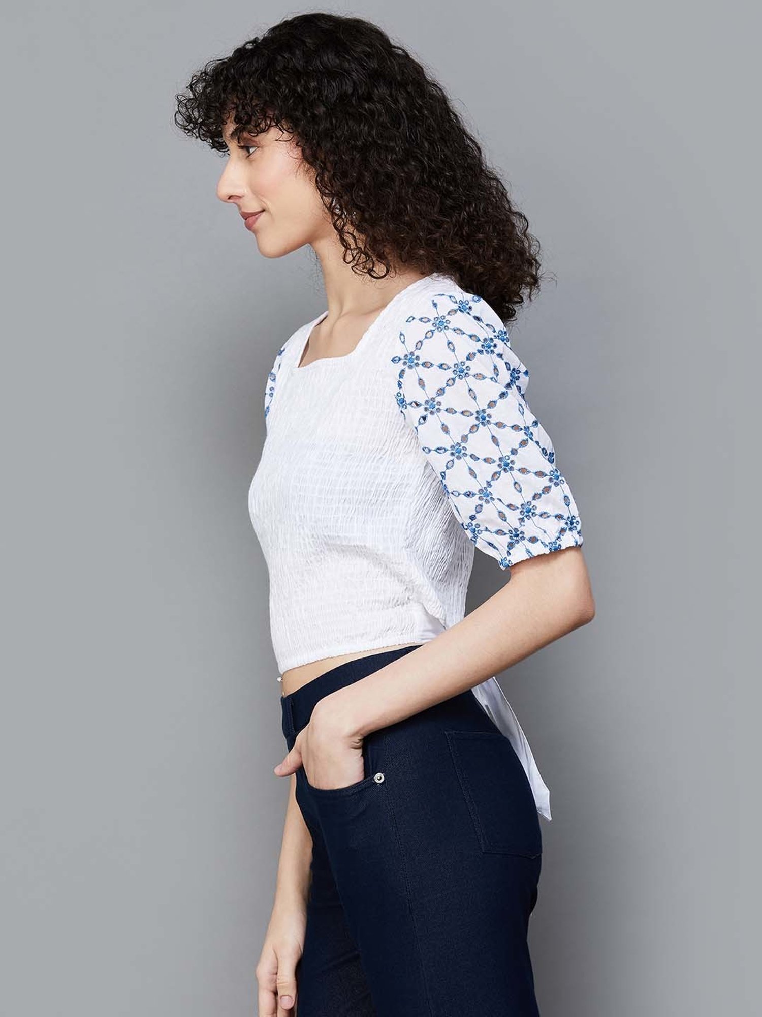 Colour Me by Melange Off-White Cotton Embroidered Crop Top