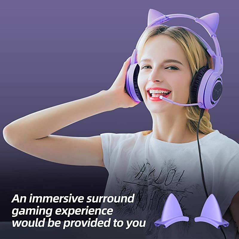 G951S Purple Stereo Gaming Headset with Mic for PS4 Xbox One PC Phone Detachable Cat Ear 35MM Noise Reduction Headphones Lightweight Computer Gaming Headphone SelfAdjusting Gamer Headsets