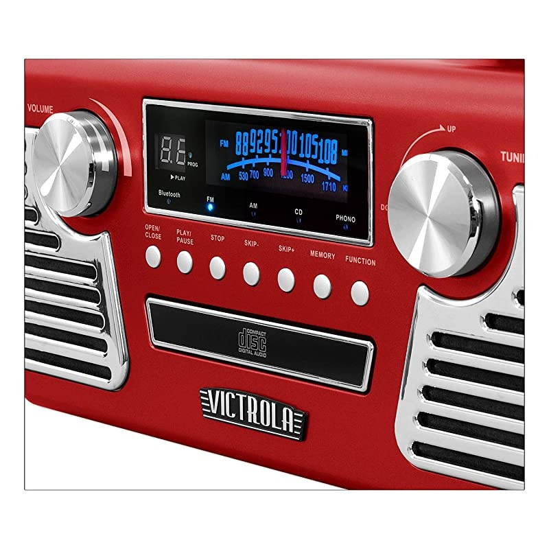 50s Retro Bluetooth Record Player Multimedia Center with Builtin Speakers 3Speed Turntable CD Player AMFM Radio | Vinyl to MP3 Recording | Wireless Music Streaming | Red