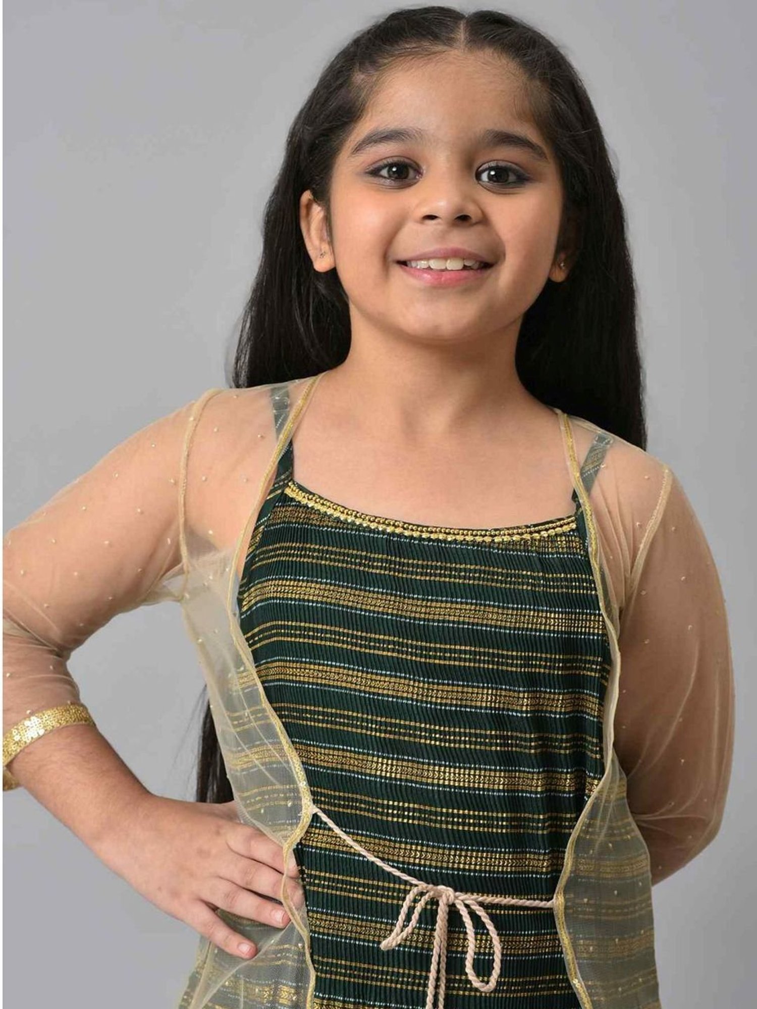 Aurelia Kids Green & Golden Printed Dress