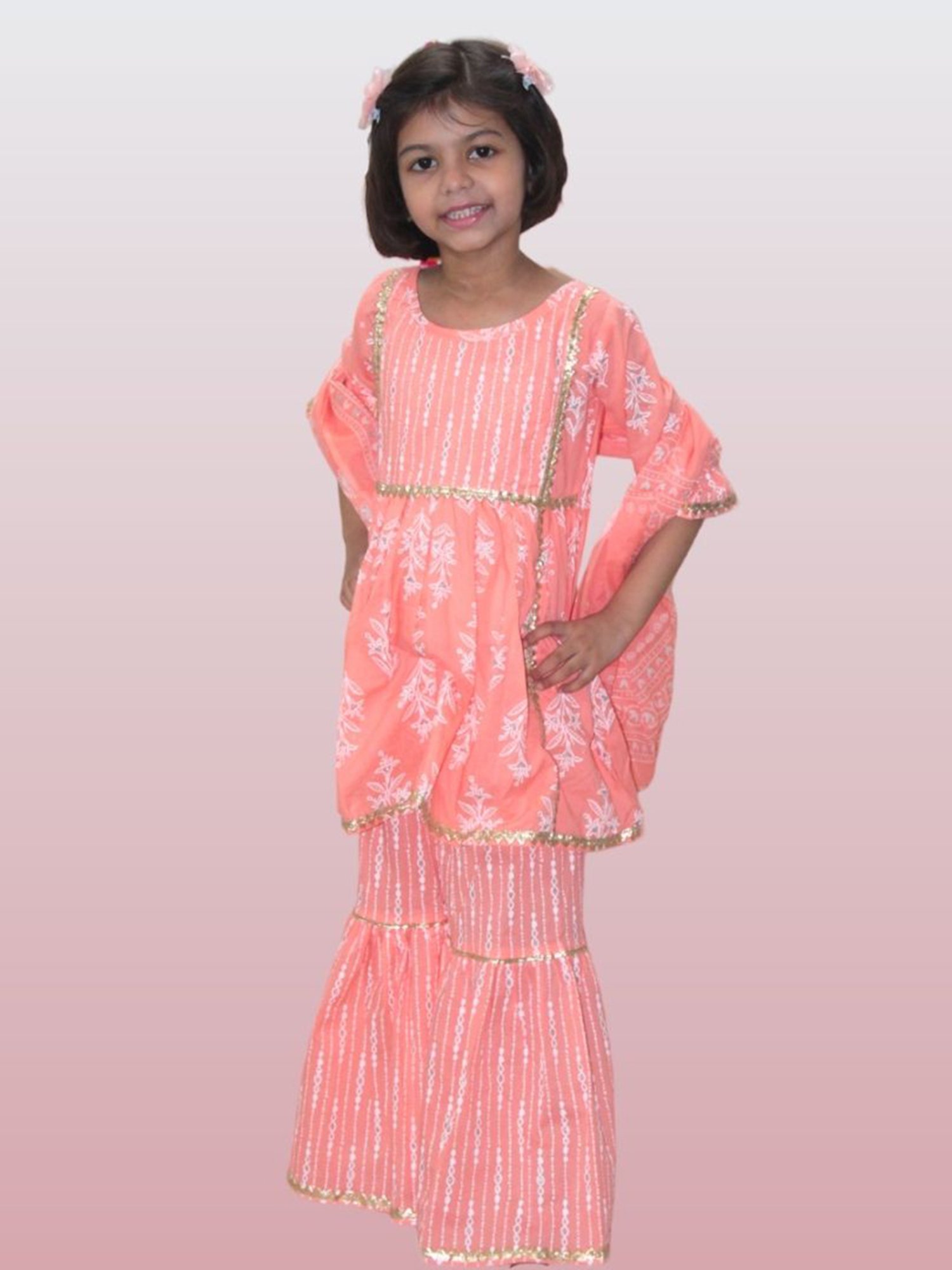 Tippy Top Kids Peach Floral Print Kurta, Sharara with Dupatta