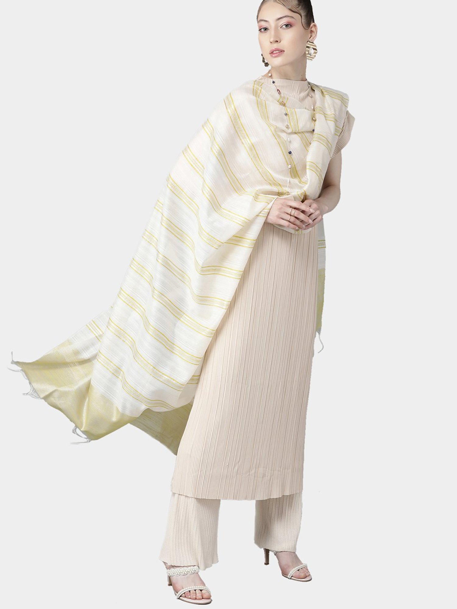 Indo Era White & Yellow Dupatta