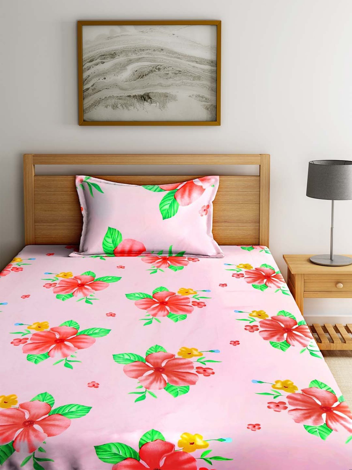 Klotthe Floral Pink & Green 210 TC Cotton Blend Single Bedsheet with 1 Pillow Cover