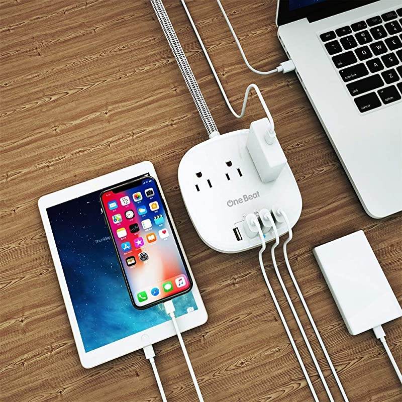 Strip 2 Pack, Desktop Charging Station with 3 Outlet 4 USB Ports 4.5A, Flat Plug, 5 ft Long Braided Extension Cord for Cruise Ship Travel Home Office, ETL Listed, White