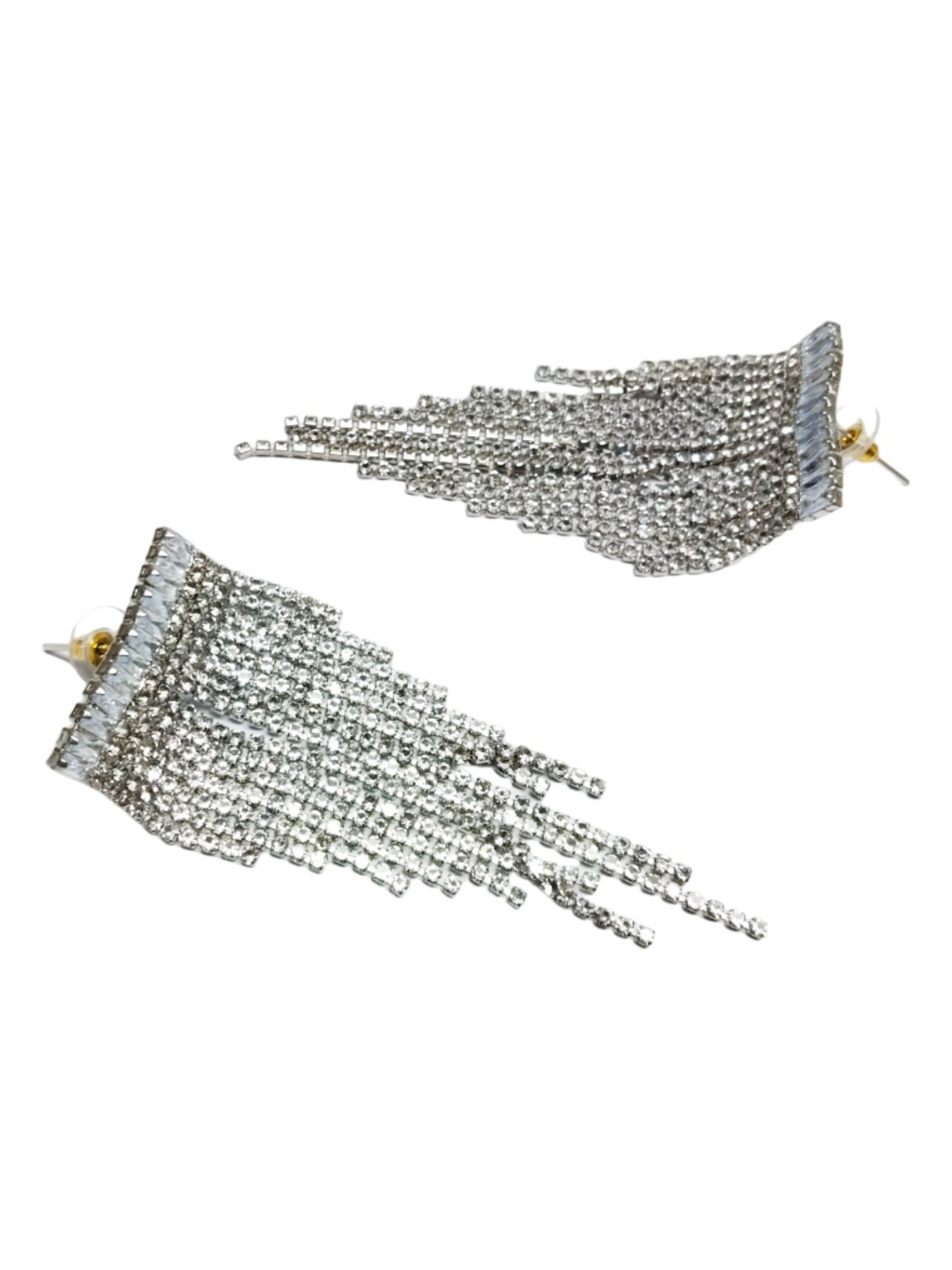 OOMPH Siver Crystal Rainfall Tassels Statement Dangler Earrings