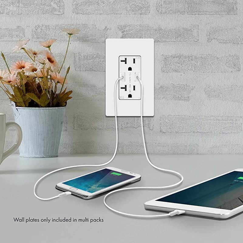 4.8A High Speed USB Outlet Wall Charger, 24W, 20A TR Receptacle Compatible with iPhone XS/MAX/XR/X/8/7/6, iPad, also LG, HTC, Samsung Galaxy S9/S8/S7/S6 and more, TU22048A-W, White