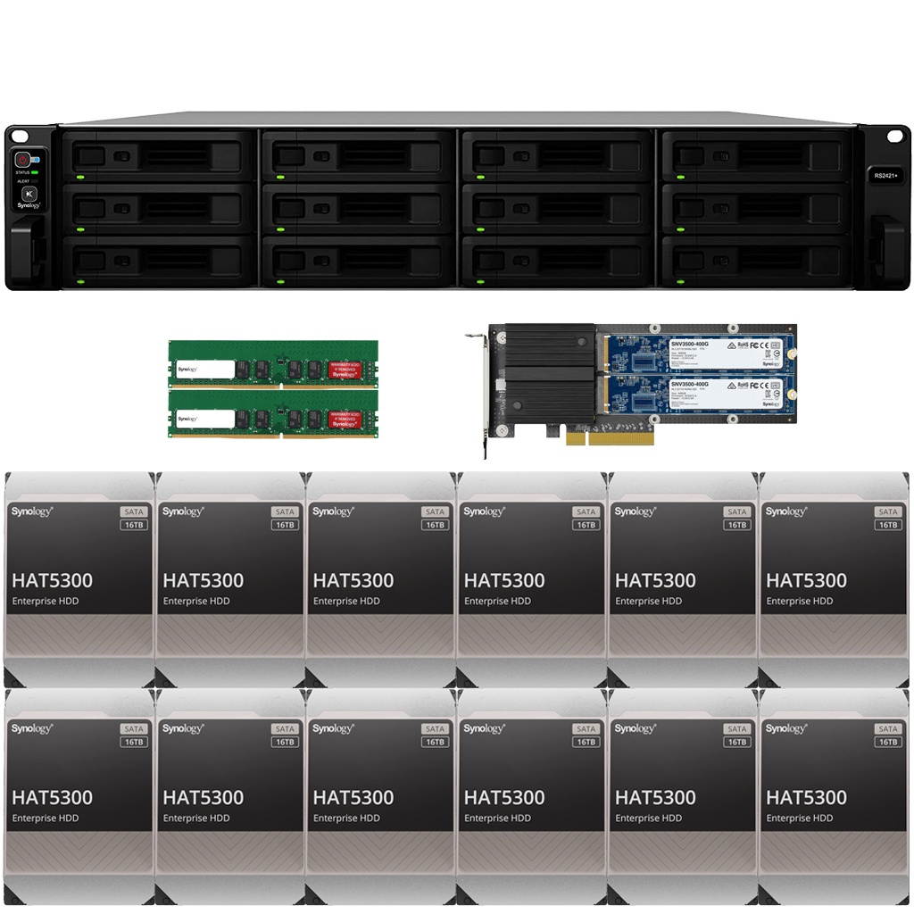 Synology RS2421+ RackStation with 32GB RAM, 800GB (2x400GB) Cache and 192TB (12 x 16TB) of HAT5300 Synology Enterprise Drives Fully Assembled and Tested By CustomTechSales