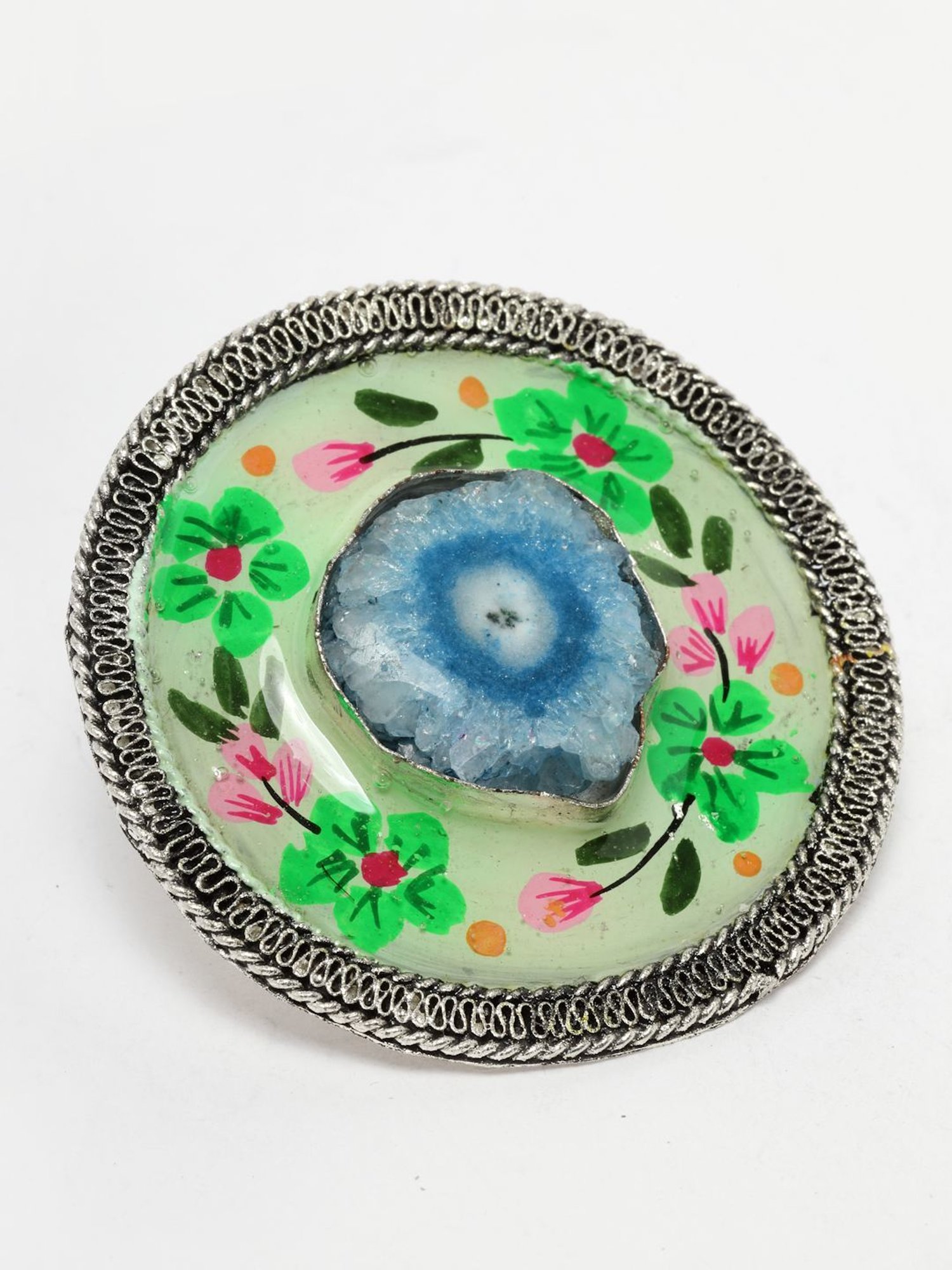 Moedbuille Agate Studded Handpainted Meenakari Floral Design Oxidised Silver Plated Finger Ring