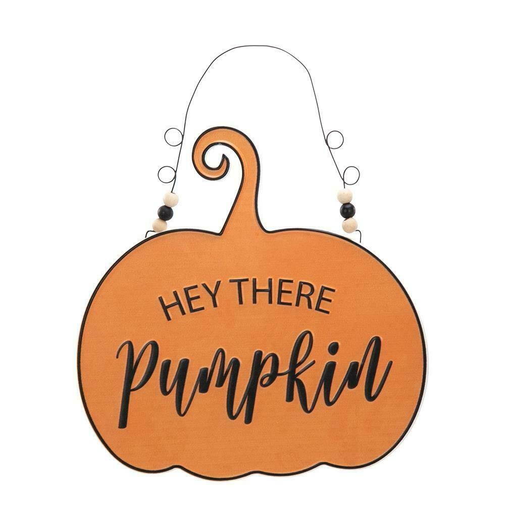 HEY THERE Pumpkin Autumn SIGN Wall Door Hanger Plaque Welcome Halloween Decor