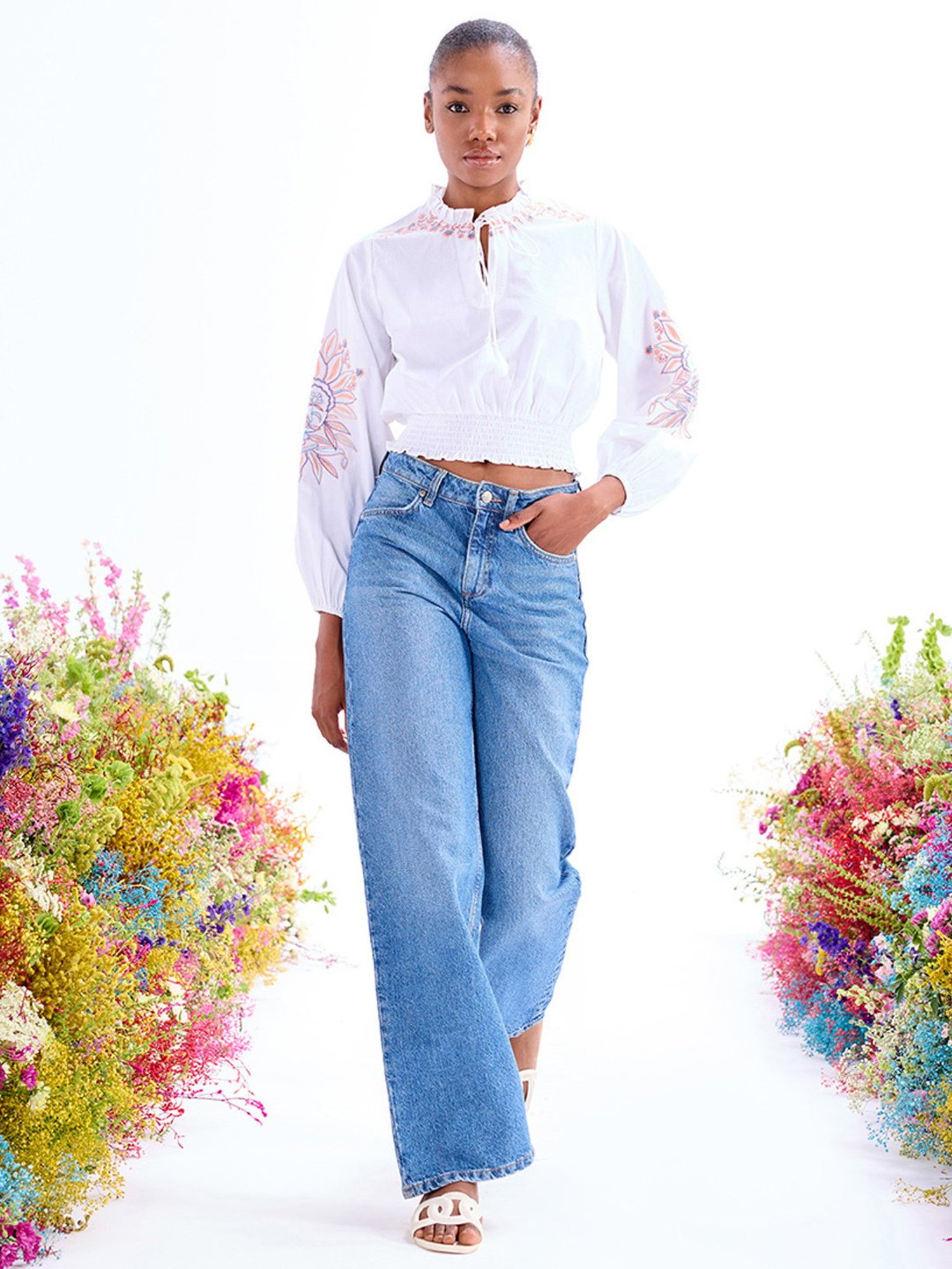 Cover Story White Cotton Embroidered Crop Top