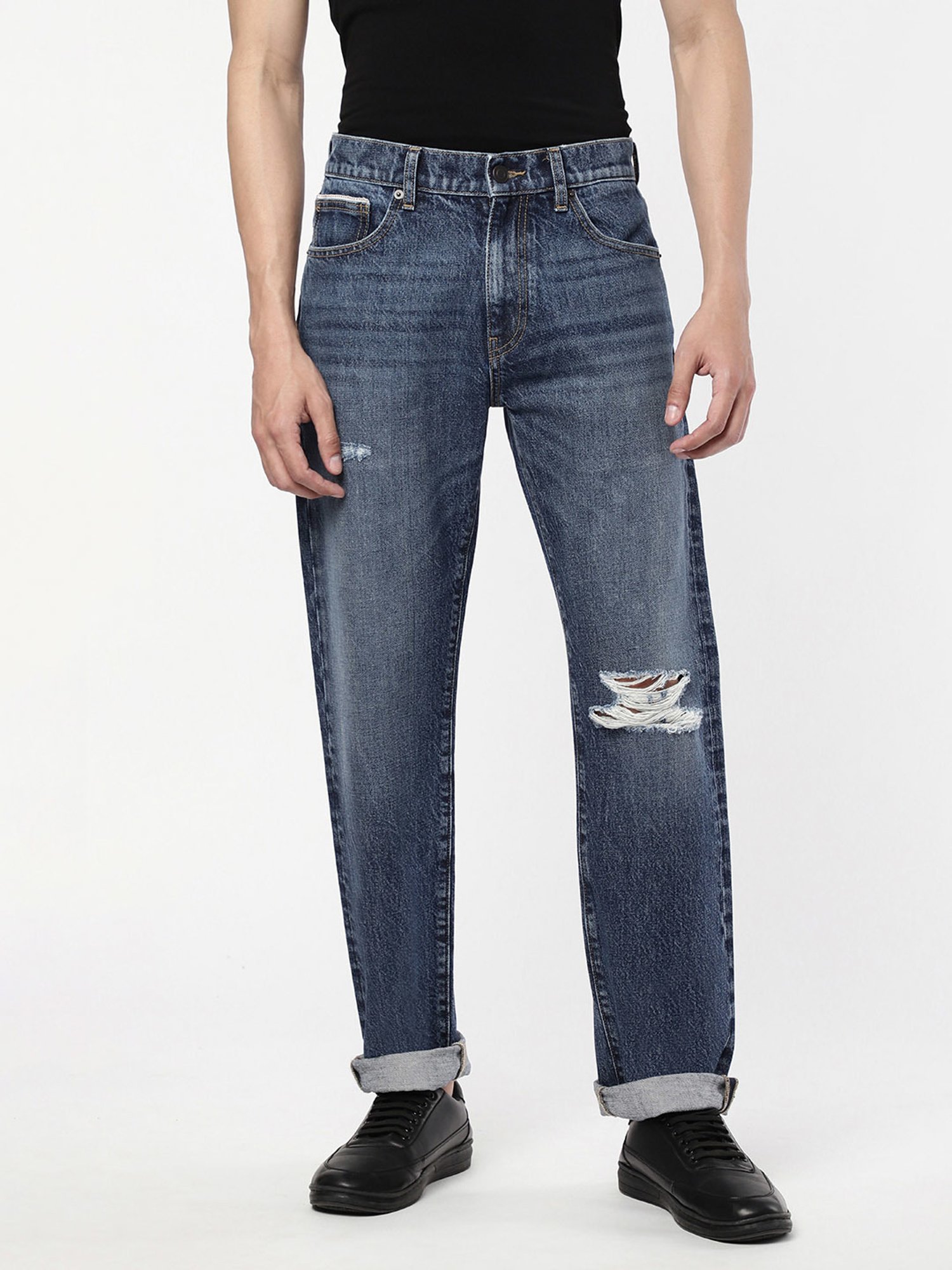Passion Blue Regular Fit Lightly Washed Distressed Jeans