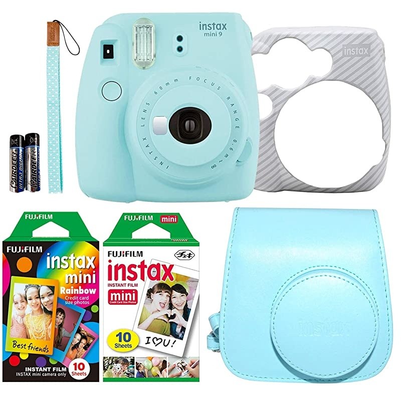 Instax Mini 9 Ice Blue Instant Camera with Two Fun Film Packs - One Rainbow and One White - 20 Exposures with Accessories