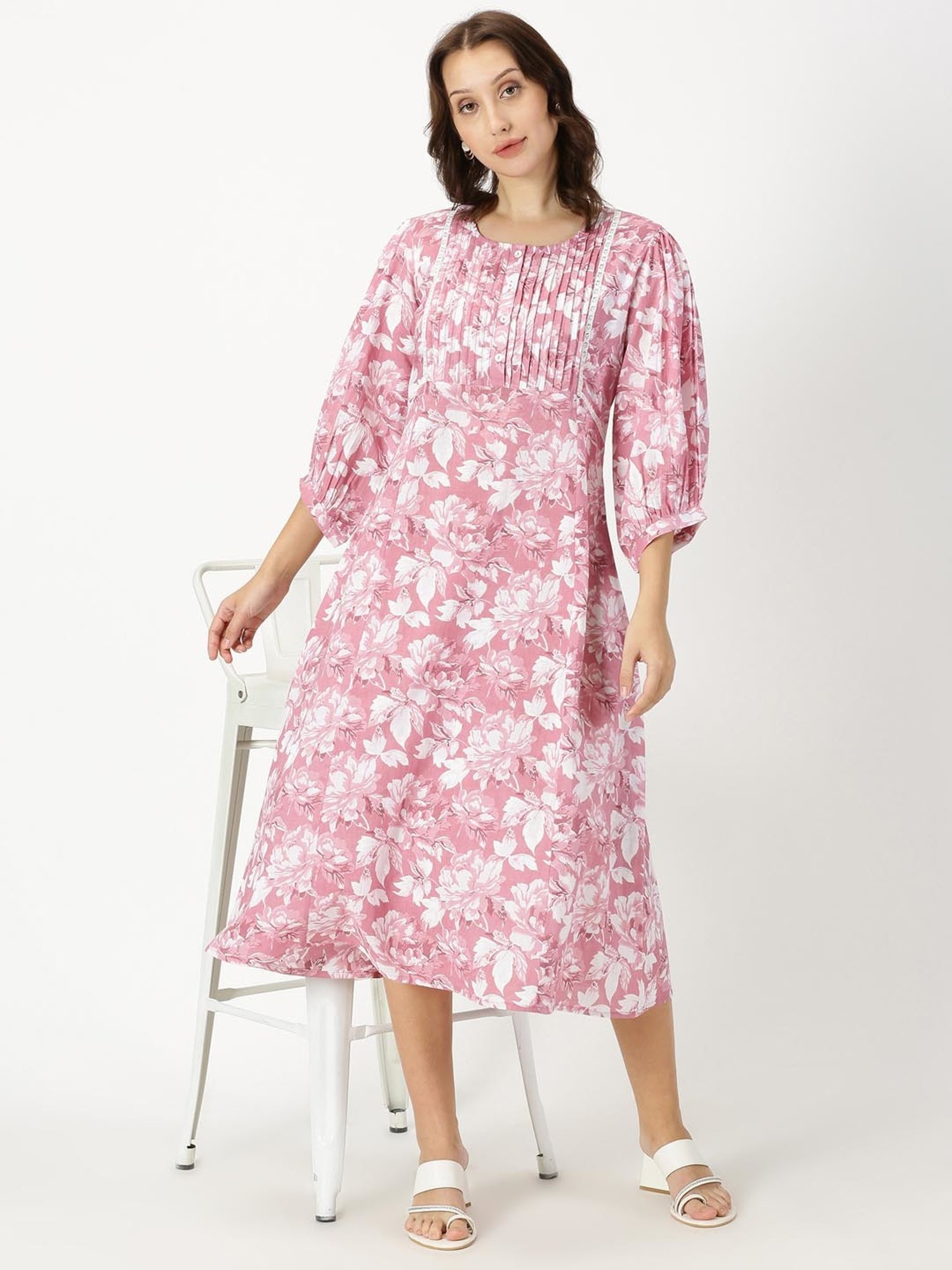 Saffron Threads Pink Floral Cotton Print Ethnic Dress