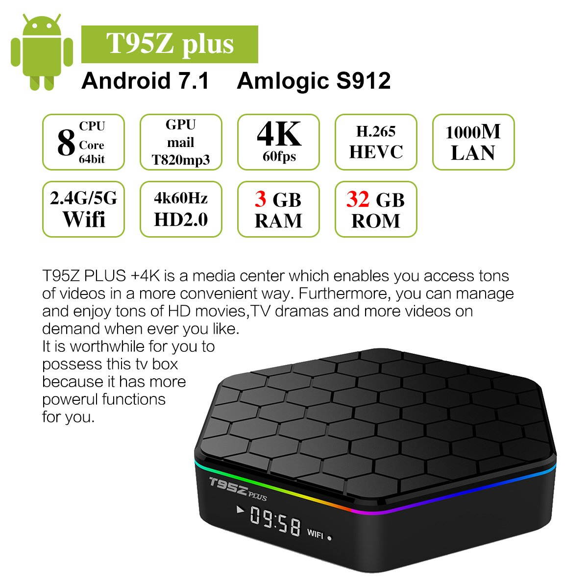 T95Z Plus Android TV Box 3GB RAM 32GB ROM, Android 7.1 TV Box Amlogic S912 Octa Core Dual 2.4/5.0 GHz WiFi Support 1000M LAN Ethernet 64Bit H.265 Bluetooth 4.0 UHD 4K HD TV Box