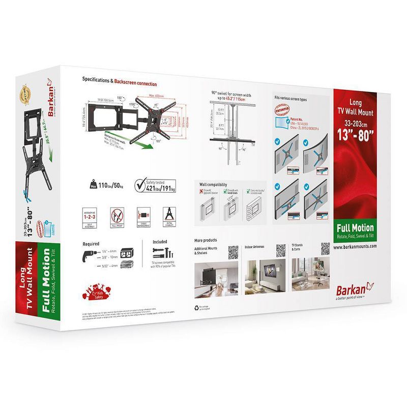 Barkan 13" - 80" 4-Movement Patented to Fit Various Screen Types Flat / Curved TV Wall Mount - Black