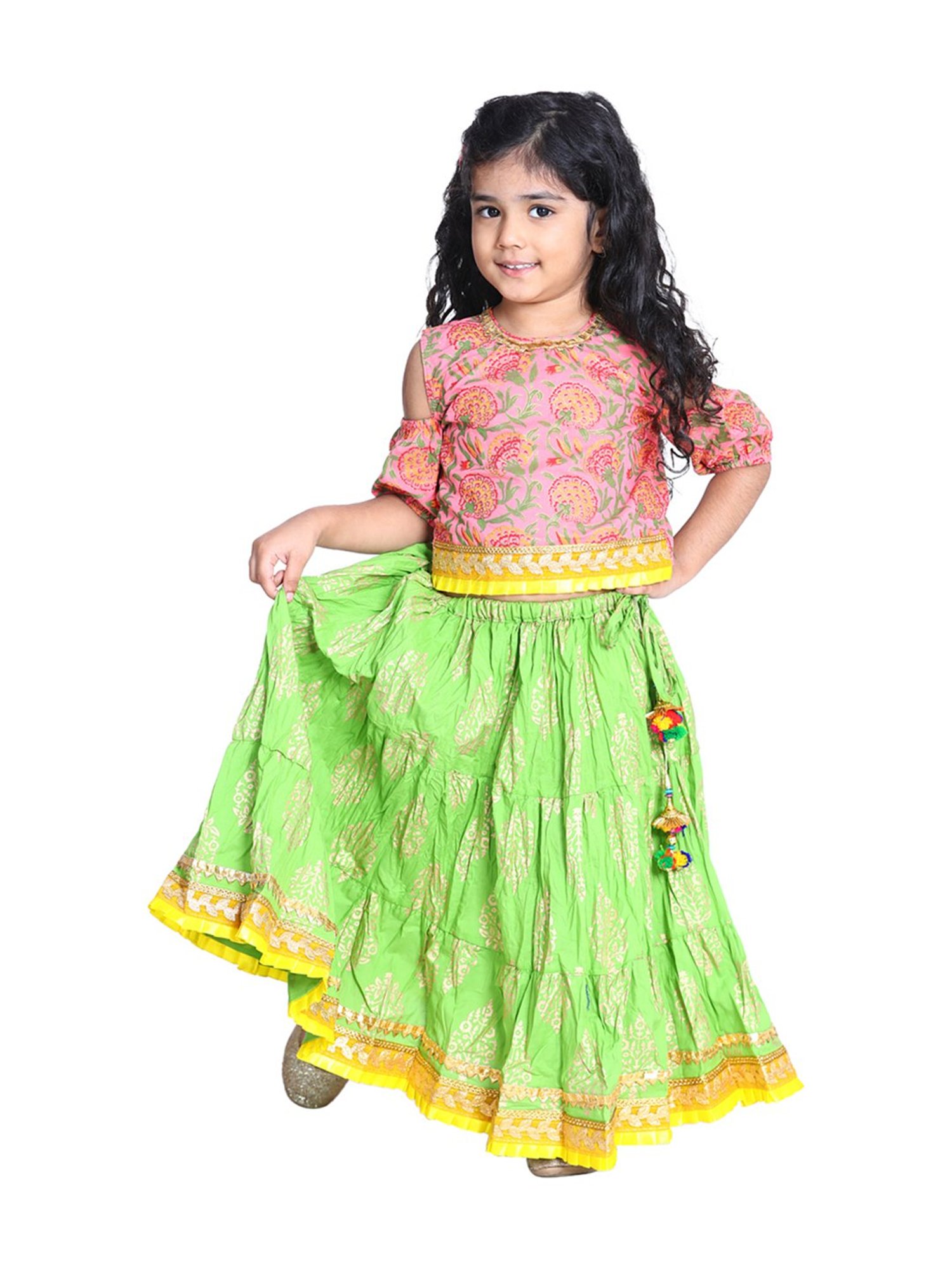 BownBee Kids Pink & Green Cotton Printed Lehenga Choli