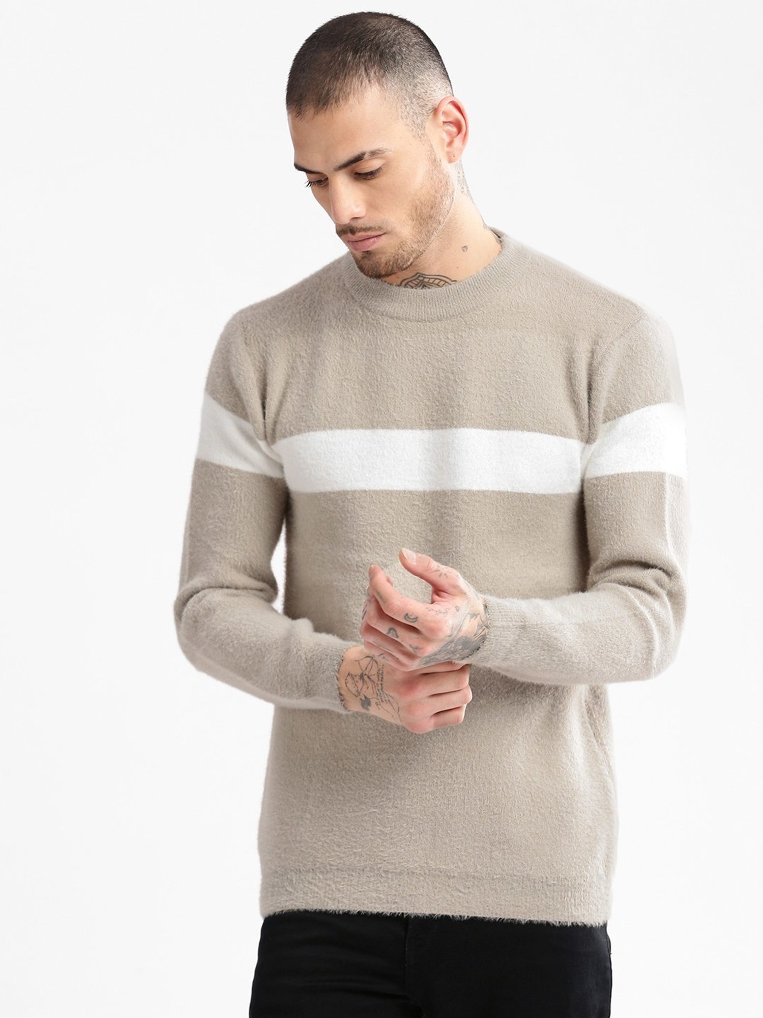 Showoff Beige Slim Fit Colour Block Sweater