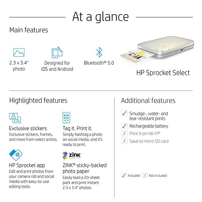 Sprocket Select Portable 2.3x3.4" Instant Photo Printer (Eclipse) Print Pictures on Zink Sticky-Backed Paper from your iOS & Android Device.