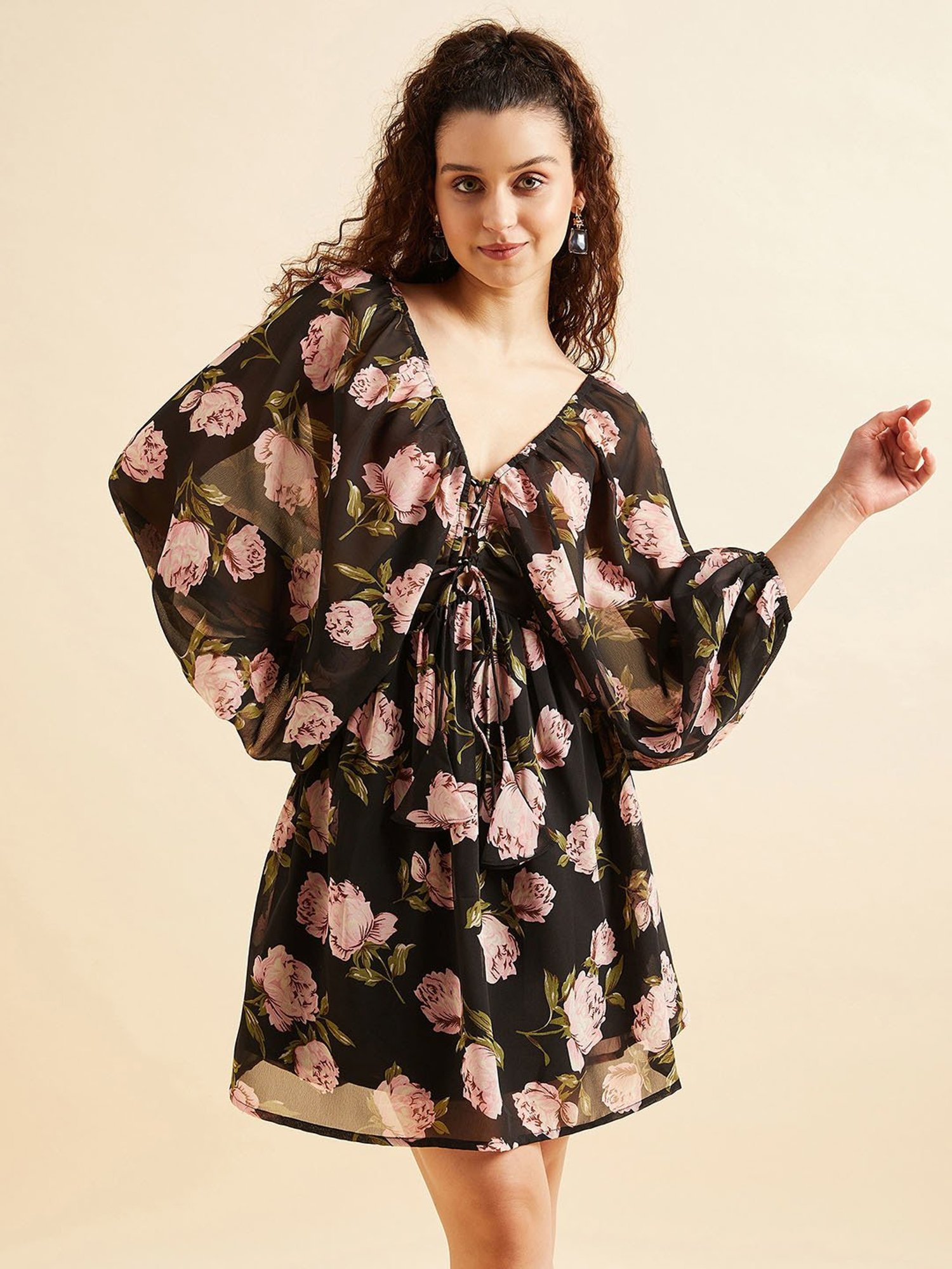 PANIT Black Floral Print Ethnic Dress