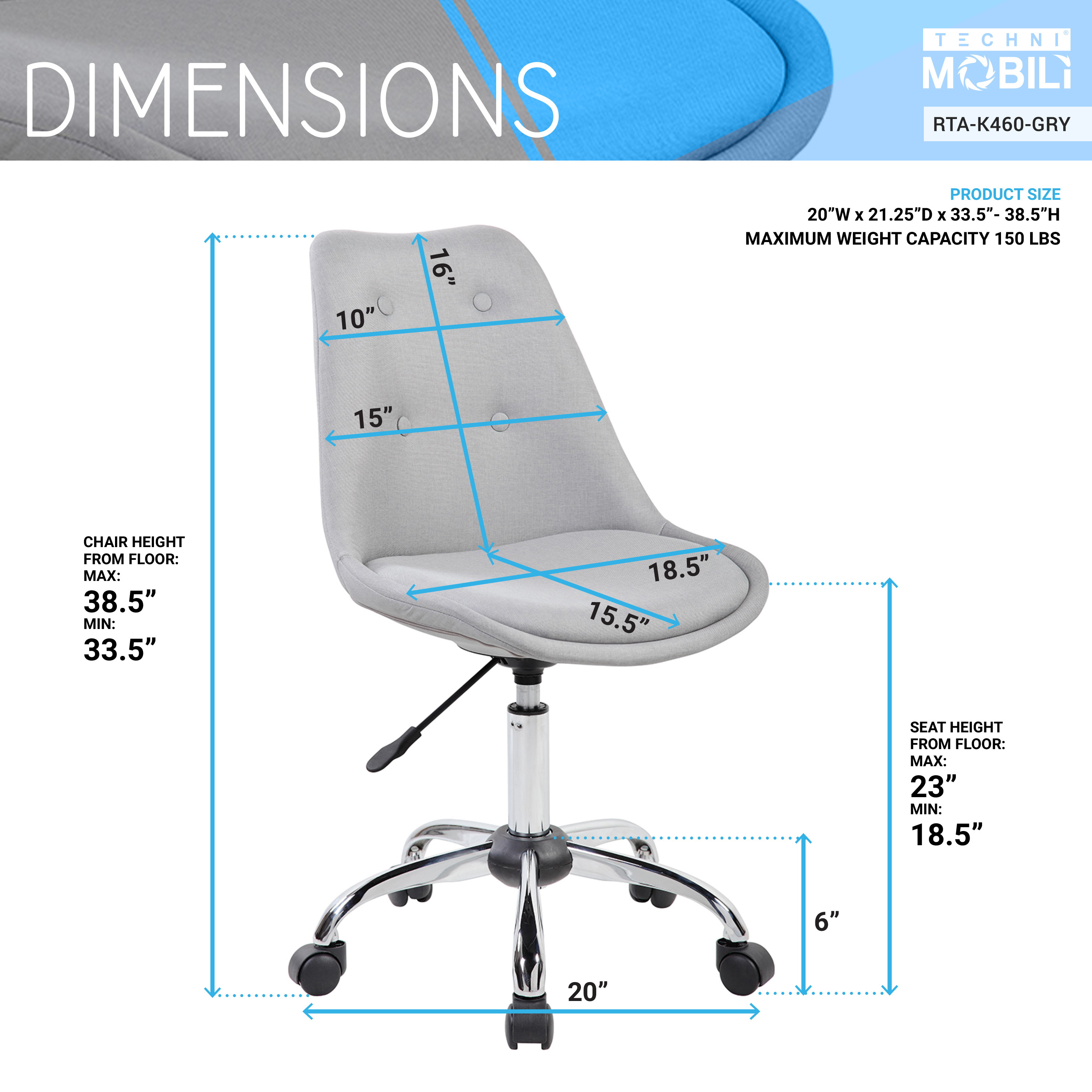Techni Mobili Armless Desk Chair in Gray