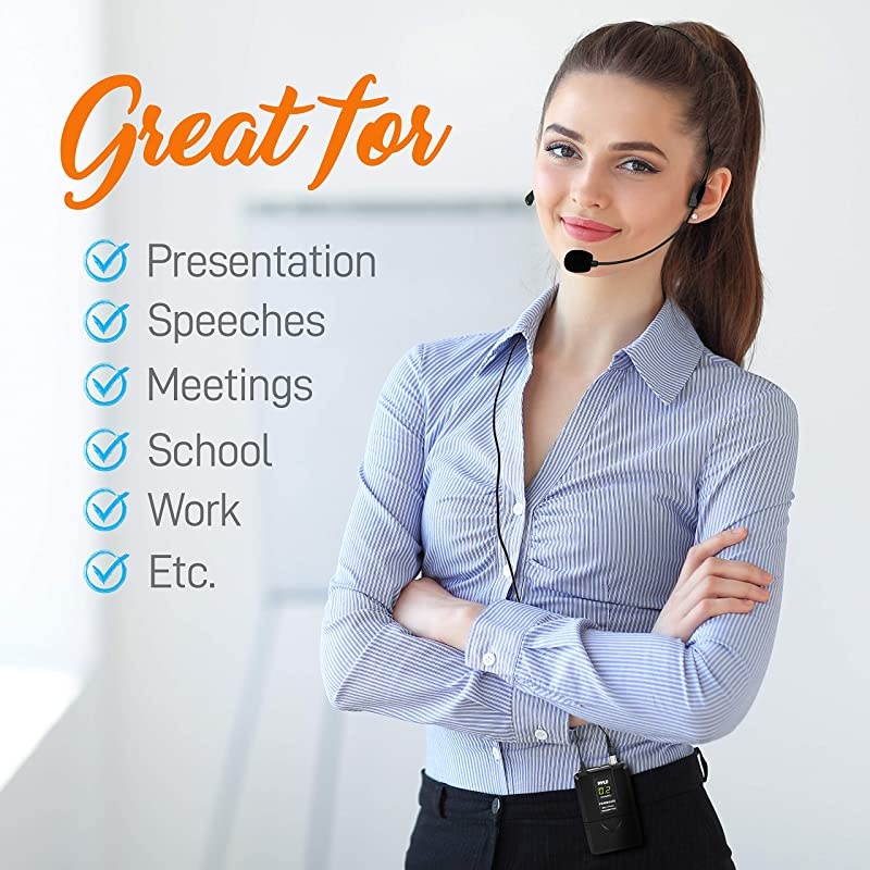 2 Channel Wireless Microphone System Portable UHF Digital Audio Mic Set with 2 Headset 2 Lavalier lapel 2 Transmitter &frac14; cable power adapter For Karaoke PA DJ PDWM3400