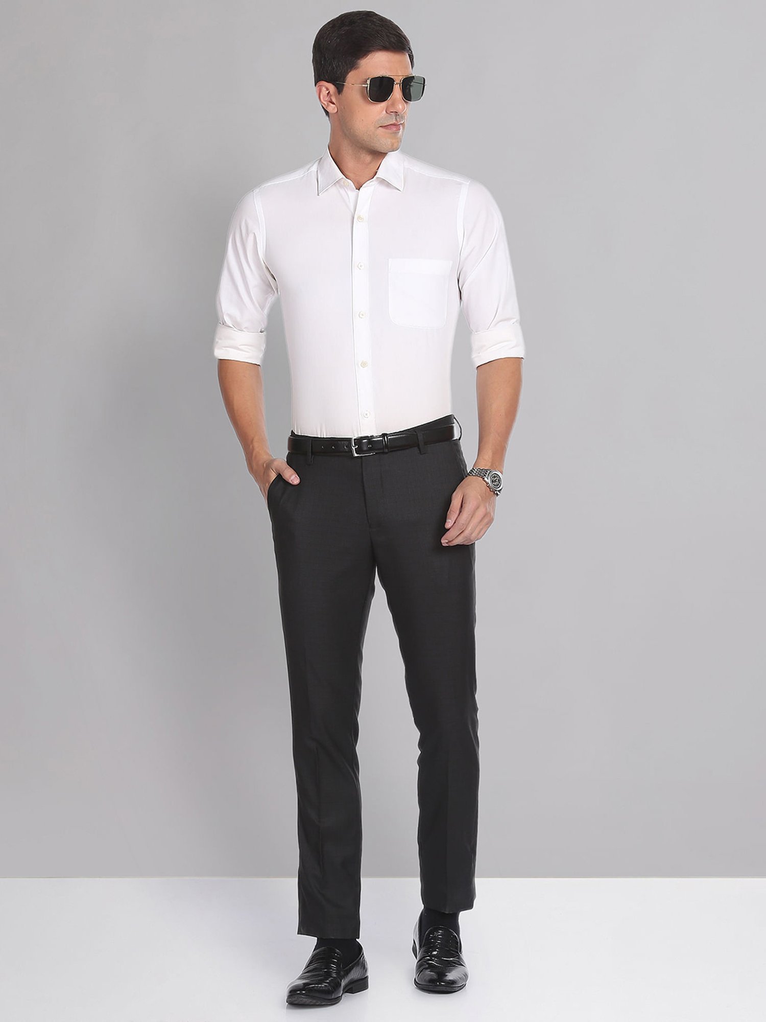 AD by Arvind Dark Grey Slim Fit Flat Front Trousers