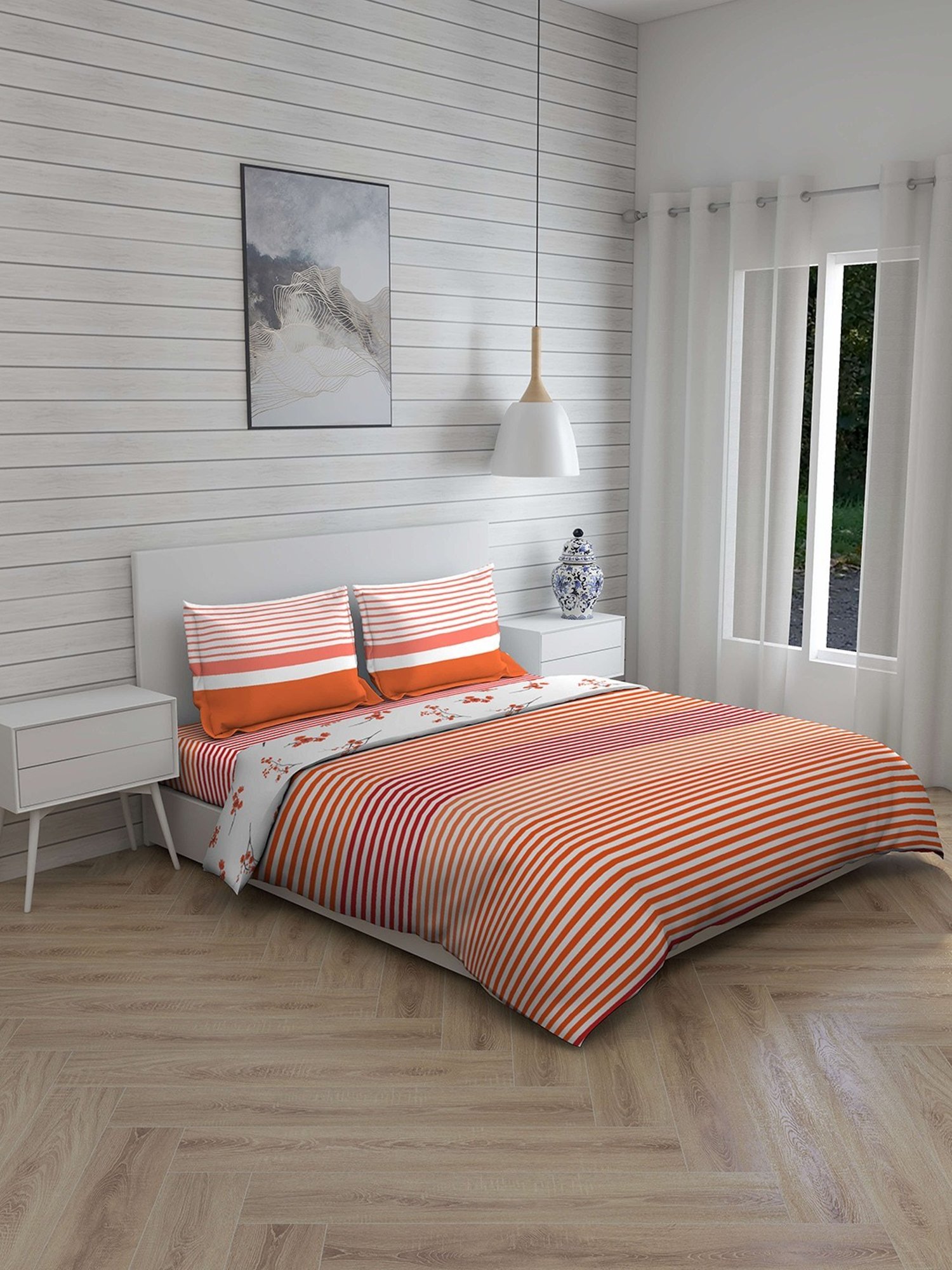 Layers Firenze Stripes Orange 144 TC Cotton Double Bedding Set